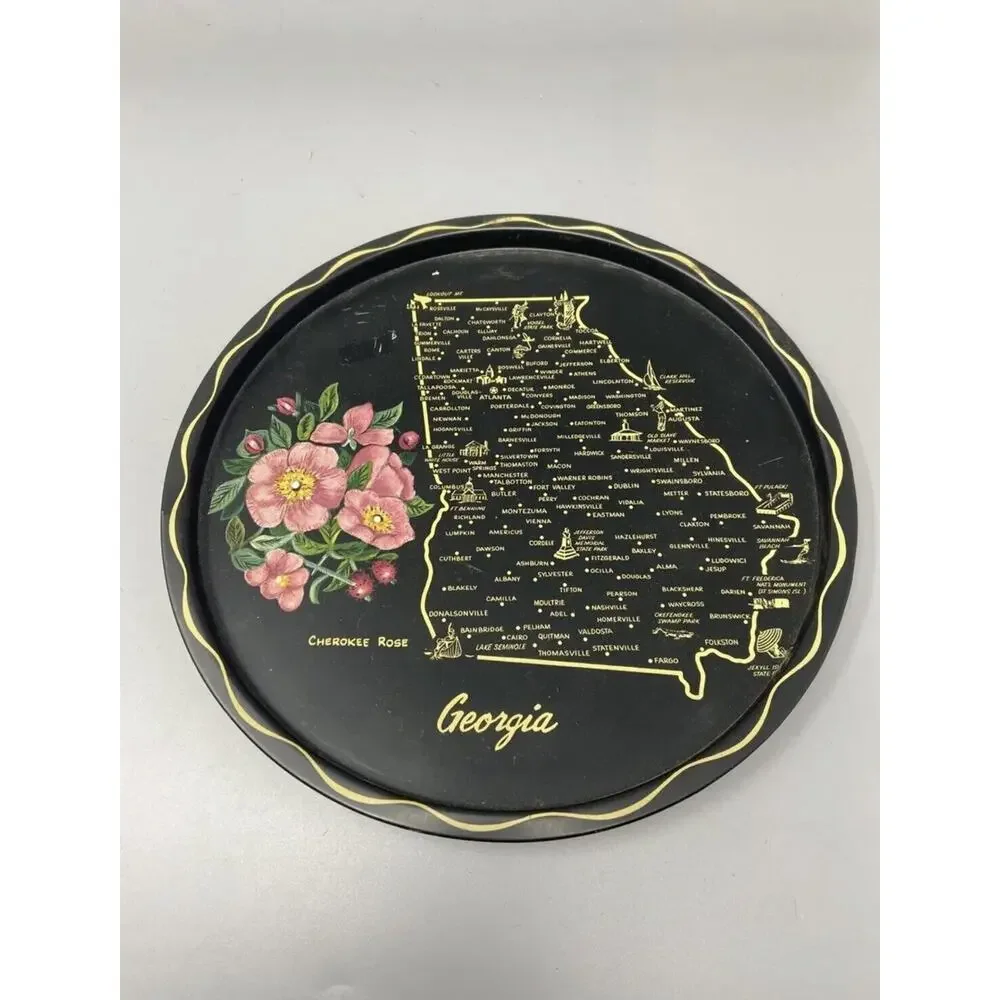 Vintage Toleway Serving Tray Georgia Cherokee Rose Black Gold Color With Flowers